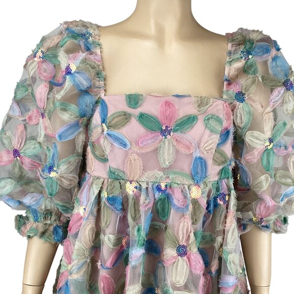 Storia Womens Dress Size Small Stacy Sequins Floral Puff Sleeve Babydoll - Picture 4 of 11